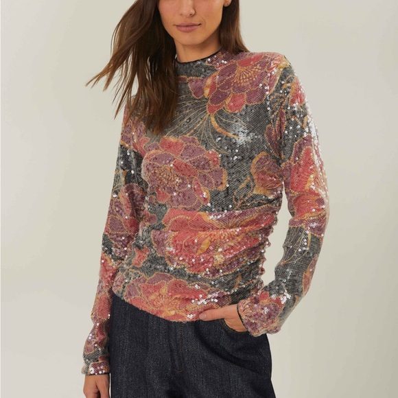 NWT Farm Rio Black Shiny Chita Tulle Sequins Blouse XS - Picture 1 of 7